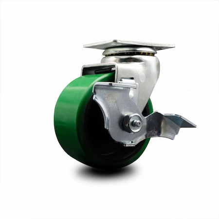 Service Caster 4 Inch Green Poly on Cast Iron Swivel Caster with Ball Bearing and Brake SCC SCC-20S420-PUB-GB-TLB